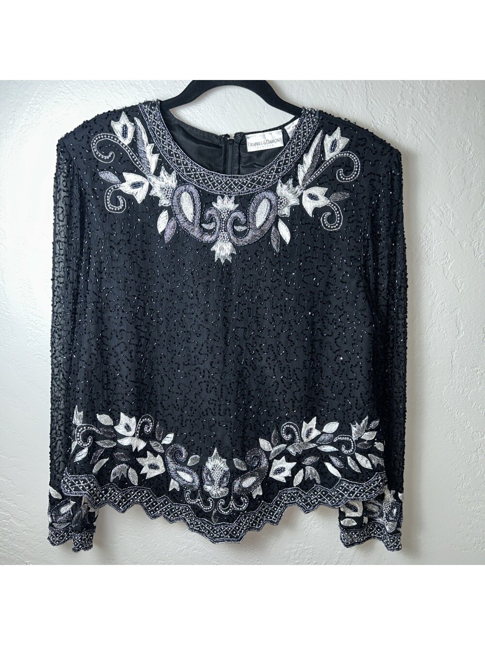 Drapers & Damon Women's Black Beaded Silk Evening Blouse, XL